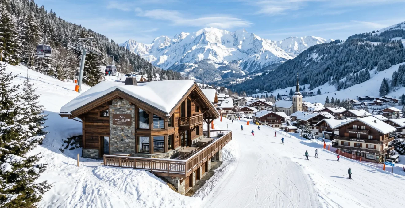 Chalet de luxe en bois et pierre positionné en bordure immédiate de piste de ski damée avec skieurs au loin, village alpin traditionnel en arrière-plan moyen et massif montagneux enneigé sous ciel bleu, remontées mécaniques visibles
