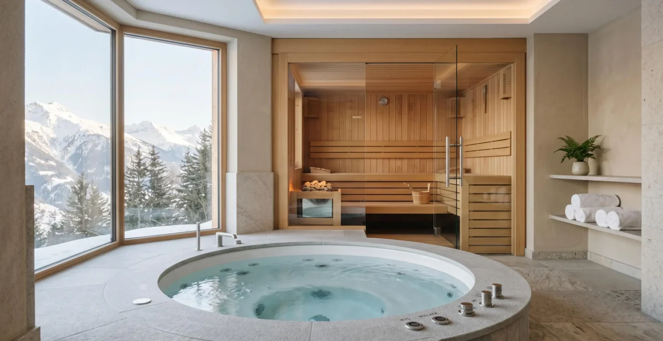 Espace spa privatif de chalet de luxe avec jacuzzi encastré en pierre claire à jets actifs au premier plan et cabine de sauna finlandais en bois clair avec porte vitrée en arrière-plan, éclairage tamisé et vue montagne