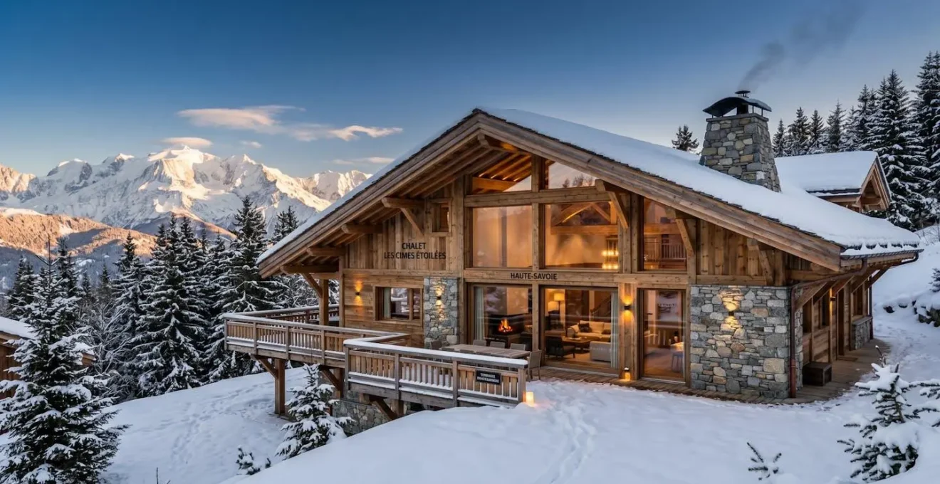 Façade d'un grand chalet de luxe en bois massif et pierre naturelle sous la neige, avec terrasses étagées et grandes baies vitrées, massif montagneux en arrière-plan, lumière dorée de fin d'après-midi hivernal