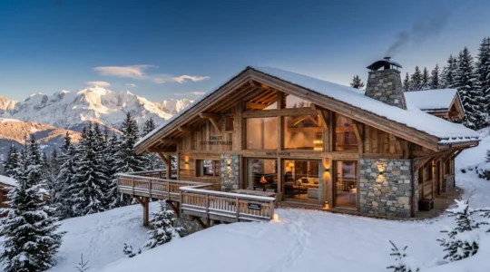 Façade d'un grand chalet de luxe en bois massif et pierre naturelle sous la neige, avec terrasses étagées et grandes baies vitrées, massif montagneux en arrière-plan, lumière dorée de fin d'après-midi hivernal